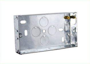 EUROPEAN, INTERNATIONAL, BRITISH, UNITED KINGDOM STEEL FLUSH TWO GANG MOUNT WALL BOX <br><font color="yellow">(25mm DEEP)</font> WITH "EARTH" GROUNDING TERMINAL, 20mm KNOCKOUTS. 

<br><font color="yellow">Notes: </font> 
<br><font color="yellow">*</font> Accepts 86mmX146mm Size Sockets, Outlets, Switches, Devices with 120mm (120.6mm) mounting centers.
<br><font color="yellow">*</font> Verify mating product(s) depth dimension for compatibility with # 72355X25D wall box.
<br><font color="yellow">*</font> Other wall boxes available, view # 72355X47D, 72355X35D, 72355X35DDG.
<br><font color="yellow">*</font> Surface mount modular device wall boxes available, view part # 79235X45, #79230X45 series.
<br><font color="yellow">*</font> British, United Kingdom plugs, power cords, outlets, power strips, GFCI-RCD receptacles, sockets, connectors, extension cords, plug adapters listed below in related products. Scroll down to view.
 