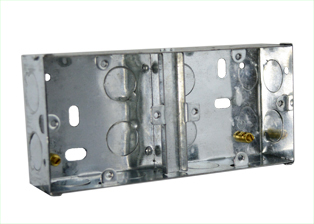 EUROPEAN, INTERNATIONAL, BRITISH, UNITED KINGDOM STEEL FLUSH MOUNT "DOUBLE GANG" STEEL WALL BOX <br><font color="yellow">(35mm DEEP)</font>, INTERNAL BOX DIVIDER WIRING SHIELD (REMOVABLE), "EARTH" GROUNDING TERMINAL, 20mm KNOCKOUTS. 

<br><font color="yellow">Notes: </font> 
<BR><font color="yellow">*</font> Accepts 86mmX86mm size Sockets, Outlets, Switches, Devices with 60mm (60.3mm) mounting centers. <br><font color="yellow">*</font> Verify mating product(s) depth dimension for compatibility with # 72355X35DDG wall box.
<br><font color="yellow">*</font> # 72355X35DDG wall box accepts "two" 86mmX86mm <font color="yellow"> square design </font> one gang outlets, switches, components.
<br><font color="yellow">*</font> Verify mating product(s) design, size, depth dimension for compatibility with # 72355X35DDG wall box.
<br><font color="yellow">*</font> British, United Kingdom plugs, power cords, outlets, power strips, GFCI-RCD receptacles, sockets, connectors, extension cords, plug adapters listed below in related products. Scroll down to view.
 