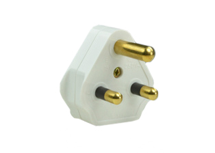 SOUTH AFRICA 5/6 AMPERE-250 VOLT PLUG, <font color="yellow"> TYPE D </font> , SANS 164-3, BS 546 (UK3-5P), 2 POLE-3 WIRE GROUNDING (2P+E). WHITE. 

<br><font color="yellow">Notes: </font> 
<br><font color="yellow">*</font> Type D plugs mate with South Africa 5A/6A- 250 volt outlets.
<br><font color="yellow">*</font> South Africa power cords, outlets, GFCI-RCD receptacles, sockets, plug adapters listed below in related products. Scroll down to view.