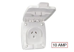AUSTRALIA / NEW ZEALAND 10 AMPERE-250 VOLT PANEL MOUNT OUTLET AS/NZS 3112 TYPE I (AU1-10R), WEATHERPROOF IP44 RATED, 2 POLE-3 WIRE GROUNDING (2P+E). WHITE. 

<br><font color="yellow">Notes: </font> 
<br><font color="yellow">*</font> For mobile equipment, RV applications. Australia building wire available. #<a href="https://internationalconfig.com/icc6.asp item=CNCP07AA002">CNCP07AA002</a>.
<br><font color="yellow">*</font> Outlet accepts 10 Ampere Australia / New Zealand plugs.
<br><font color="yellow">*</font> Australian, New Zealand plugs, outlets, connectors, power cords, socket strips, GFCI (RCD) outlets, adapters are listed below in related products. Scroll down to view.
