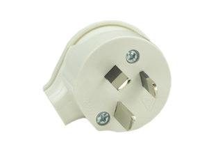 AUSTRALIA / NEW ZEALAND PLUG, 10 AMPERE-250 VOLT TYPE I PLUG AS/NZS 4417 RCM MARK, AS/NZS 3280, AS/NZS 3112 (AU1-10P), REWIREABLE ANGLE PLUG, 2 POLE-3 WIRE GROUNDING. WHITE. 

<br><font color="yellow">Notes: </font> 
<br><font color="yellow">*</font> Plug connects with 10 Ampere, 15 Ampere, 20 Ampere Australian, New Zealand outlets, receptacles, connectors.