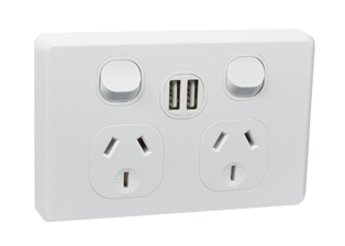 AUSTRALIA / NEW ZEALAND 10 AMPERE-250 VOLTS, 50HZ, TYPE I <font color="yellow">DUPLEX OUTLET WITH TWO USB PORTS</font> (AS/NZS 3112) (AU1-10R), SINGLE POLE ON/OFF SWITCHES, INTEGRAL WALL PLATE, PANEL OR WALL BOX MOUNT, 2 POLE-3 WIRE GROUNDING. WHITE.

<br><font color="yellow">Notes: </font> 
<br><font color="yellow">*</font> USB Outlet DC 5V - 4.8A
<br><font color="yellow">*</font> Horizontal mount on American 2x4 wall boxes, surface mount on #84225-AR, #74225 wall boxes.
<br><font color="yellow">*</font> Australia TUV approved building wire/cable #<a href="https://internationalconfig.com/icc6.asp?item=CNCP07AA002">CNCP07AA002</a>.
<br><font color="yellow">*</font> Scroll down to view related power cords, plugs, power strips, GFCI sockets, plug adapters.