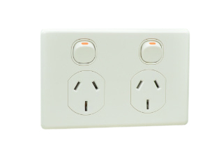 AUSTRALIAN DUPLEX OUTLET TYPE I, 10 AMPERE-250 VOLT (AU1-10R). HORIZONTAL MOUNT, DOUBLE POLE ON/OFF SWITCHES, INTEGRAL WALL PLATE, 2 POLE-3 WIRE GROUNDING (2P+E). WHITE. 

<br><font color="yellow">Notes: </font> 
<br><font color="yellow">*</font> Mounts on American 2x4 wall boxes & International wall boxes with 39/32" (83mm / 84mm) mounting centers.
<br><font color="yellow">*</font> Surface mounts on # 74225, # 84225-AR wall boxes or panel mount.

<br><font color="yellow">*</font> Australia TUV approved building wire/cable #<a href="https://internationalconfig.com/icc6.asp?item=CNCP07AA002">CNCP07AA002</a>.
<br><font color="yellow">*</font> Scroll down to view related power cords, plugs, power strips, GFCI sockets, plug adapters.
