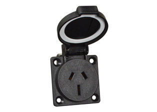 AUSTRALIA / NEW ZEALAND 15 AMPERE-250/ 10A-250V VOLT WEATHERPROOF PANEL OR WALL BOX MOUNT OUTLET WITH GASKET, TYPE I, AS/NZS 3112 (AU2-15R) (AU1-10R) "T" MARK (IMPACT RESISTANT), 2 POLE-3 WIRE GROUNDING (2P+E). BLACK.

<br><font color="yellow">Notes: </font> 
<br><font color="yellow">*</font> Terminal Screw Torque = 0.8Nm-1.2Nm., Mounting Screws = 0.8Nm-1.2Nm.
<br><font color="yellow">*</font> Outlet accepts 15 Ampere & 10 Ampere Australia / New Zealand plugs.
<br><font color="yellow">*</font> Stainless steel wall plates # 97120-BZ and # 97120-DBZ mounts outlet onto standard American 2x4 and 4x4 wall boxes.
<br><font color="yellow">*</font> Not for use with # 70125 wall box.
<br><font color="yellow">*</font> Optional panel mount terminal shield # 70127 available.
<br><font color="yellow">*</font> Australia, New Zealand plugs, outlets, connectors, power cords, socket strips, GFCI (RCD) outlets are listed below in related products. Scroll down to view.
  