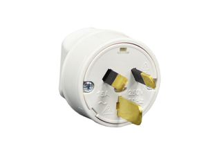 AUSTRALIA, NEW ZEALAND 15 AMPERE-250 VOLT POWER PLUG  AS/NZS 4417 (RCM), AS/NZS 3112, AS/NZS 3100 (AU2-15P), IP2X RATED, 2 POLE-3 WIRE GROUNDING (2P+E), MAX. CORD DIA. = 9mm (0.354"), WHITE.

<br><font color="yellow">Notes: </font> 
<br><font color="yellow">*</font> Plug connects with 15 Ampere, 20 Ampere Australian, New Zealand outlets, connectors. Scroll down to view related products.