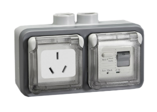 CHINA 10 AMPERE-230 VOLT GFCI (RCBO/RCD) OUTLET, TYPE I (CH1-10R), 50/60 Hz, 10mA TRIP, 2 POLE-3 WIRE GROUNDING (2P+E), IP55 RATED WEATHERPROOF BOX AND COVER, M20 CABLE ENTRY HUBS (*), HORIZONTAL SURFACE MOUNT. GRAY. 

<br><font color="yellow">Notes: </font> 
<br><font color="yellow">*</font> Downstream outlet protection available.
<br><font color="yellow">*</font> (*) M20 adapter #01614 available. Converts M20 to 1/2 inch National Pipe Thread (NPT).
<br><font color="yellow">*</font> Screw terminal torque = 0.08Nm.
<br><font color="yellow">*</font> Operating temp. = -5C to +40C.
<br><font color="yellow">*</font> Reset not required after power failure (Latched RCD).

<br><font color="yellow">*</font> Outlet accepts 10 ampere (CH1-10P) China plugs only.   

<br><font color="yellow">*</font> China connectors, plugs, inlets, outlets, GFCI/RCD sockets, power strips, power cords, plug adapters listed below in related products. Scroll down to view.




   
