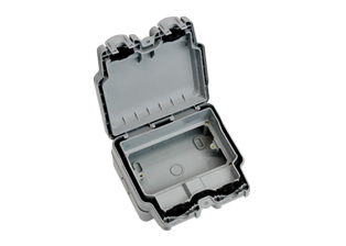 WEATHERPROOF SURFACE MOUNT <font color="yellow"> IP66 RATED (COVER CLOSED**) </font> DUPLEX OUTLET ENCLOSURE, IMPACT RESISTANT.

<BR> <font color="yellow"> Notes:</font> 
<BR> <font color="yellow">*</font> Enclosure accepts #72300-DS-10mA GFCI / RCD Duplex Outlet. 
<BR><font color="yellow">*</font> Enclosure accepts <font color="yellow">(86mmX146mm size)</font> British, European,UK,  International sockets, switches with (120.mm) mounting centers. 
<BR><font color="yellow">*</font> Enclosure accepts modular outlets, switches. Requires # 730093X45, or # 730094X45 mounting frame / wall plate.  
<BR> <font color="yellow">**</font> Cover can be closed & locked over down angle plugs (not all angle plug variations). 
 
<BR> <font color="yellow">*</font> M20 knockout type cable entries [expandable to M25] - 8 places [top, bottom, sides].
<BR> <font color="yellow">*</font> M20 cutout type cable entry [expandable to M25] - 1 place [back].
<BR> <font color="yellow">*</font> Material = UV stabilized PC, Temp. rating = -5�C to +40�C.
<BR> <font color="yellow">*</font> Mating receptacles, sockets, outlets are listed below in related products. Scroll down to view.
