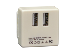 USB MODULAR OUTLET, 36mmX36mm SIZE, 2 USB PORTS, INPUT RATED (AC 100-240V, 50/60 Hz, 0.3A), OUTPUT RATED (DC 5V, 2100mA), 3 INCH WIRE LEADS. IVORY.

<br><font color="yellow">Notes: </font>  
<br><font color="yellow">*</font> Mounts on American 2x4, 4x4 wall boxes. Surface mounts on wall boxes # 74225, 84225-AR.

<br><font color="yellow">*</font> Mounts on European one gang wall boxes with (60mm) mounting centers # 72350X35D, 72350-F, 77190, 72360.

<br><font color="yellow">*</font> Mounts on European two gang wall boxes with (120mm) mounting centers # 72355X35D, 72355-F, 72365.

<br><font color="yellow">*</font> Panel mount on frame # 74970-W. DIN Rail mount on frame # 74970-DIN.  
 
<br><font color="yellow">*</font> Mounts in "12", "3", "6", "9" clock hour positions on wall plates / mounting frames.

<br><font color="yellow">*</font> Contact sales for product application assistance.  

<br><font color="yellow">*</font> Mating wall plates / mounting frames, GFCI outlets, PDU power strips, circuit breaker, switch, plug adapters are listed below in related products. Scroll down to view.

