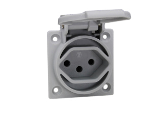 SWISS 10 AMPERE-250 VOLT WEATHERPROOF (IP54) PANEL OR WALL BOX MOUNT (SW1-10R), TYPE 13, POWER OUTLET (WITH GASKET), 2 POLE-3 WIRE GROUNDING (2P+E). GRAY.

<br><font color="yellow">Notes: </font> 
<br><font color="yellow">*</font> Thermoplastic socket outlet.
<br><font color="yellow">*</font> Operating temp. = -25�C to +40�C.
<br><font color="yellow">*</font> Storage temp. = -25�C to +70�C.
<br><font color="yellow">*</font> Stainless steel wall plates #97120-BZ and #97120-DBZ mounts outlet onto standard American 2x4 and 4x4 wall boxes.
<br><font color="yellow">*</font> For surface mount applications use #70125 wall box.
<br><font color="yellow">*</font> For DIN rail mount use #70125-DIN bracket with #70125 wall box.
<br><font color="yellow">*</font> Optional panel mount terminal shield #70127 available.
<br><font color="yellow">*</font> Swiss plugs outlets, connectors, power cords, socket strips, GFCI (RCD) outlets are listed below in related products. Scroll down to view.