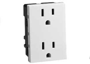 15 AMPERE-127 VOLT, (15A-125V NEMA 5-15R) DUPLEX OUTLET, TYPE A , TYPE B, 67.5mmX45mm MODULAR SIZE, IP20 RATED, 2 POLE-3 WIRE GROUNDING (2P+E). WHITE.
<BR><font color="yellow">Notes:</font> 
<br><font color="yellow">*</font> Outlet accepts American NEMA 1-15P (2P), NEMA 515-P (2P+E) Plugs.
<BR><font color="yellow">*</font> GFCI Duplex available # 1597-W.
<br><font color="yellow">*</font> Mounts on American 2X4 wall boxes, requires frame # 79170X45-N & # 79180X45-N wall plate (White, SS). 
<br> <font color="yellow">*</font> Mounts on American 4X4 wall boxes, requires frame # 79210X45-N & # 79220X45-N wall plate (White, SS) & blank 79590X45.
<br><font color="yellow">*</font> Mounts on European wall boxes (121mm on center), requires frame # 730093X45.
<br><font color="yellow">*</font> Surface mount Insulated wall boxes # 680603X45 series. Surface mount Metal wall boxes # 79280X45 series.
<br><font color="yellow">*</font> Surface mount weatherproof, IP66 rated. Requires frame # 730093X45 & # 74792X45 wall box.
<br><font color="yellow">*</font> Complete range of modular devices and mounting component options. <a href="http://www.internationalconfig.com/modular_electrical_devices.asp" style="text-decoration: none">Modular Devices Link</a>
 <br><font color="yellow">*</font> Wall plates, boxes, outlets, switches, modular GFCI/RCD and circuit breakers are listed below. Scroll down to view.
