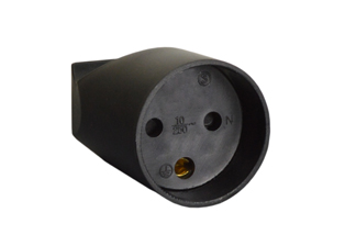 DENMARK, DANISH CONNECTOR, 16 AMPERE-250 VOLT REWIREABLE IN-LNE TYPE K CONNECTOR (DE1-13R), SHUTTERED CONTACTS, 2 POLE-3 WIRE GROUNDING. BLACK.