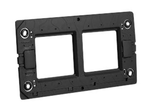 TWO GANG MODULAR DEVICE MOUNTING FRAME # 79270X45-N MOUNTS ON EUROPEAN, BRITISH WALL BOXES WITH 120mm (120.6mm) MOUNTING CENTERS.

<br><font color="yellow">Notes: </font>   

<br><font color="yellow">*</font> Frame accepts 45mmX45mm, 22.5mmX45mm modular size outlets, switches, GFCI /RCD breakers, Overload circuit breakers. 

<BR><font color="yellow">*</font> View European, British, International Outlets / Switches. <a href="https://www.internationalconfig.com/modular_electrical_devices.asp" style="text-decoration: none">[ Entire Modular Device Series ]</a>
 
<br><font color="yellow">*</font> Requires one # 79255X45-N wall plate.
<br><font color="yellow">*</font> Frame mounts on European flush mount wall box # 72355X47D, 72355-F series.
<br><font color="yellow">*</font> View related products listings below for modular outlets, GFCI/RCBO circuit breakers, overload circuit breakers, switches and other accessories.



  

