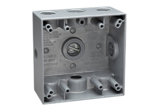 WEATHERPROOF AMERICAN, CANADA <font color="yellow">TWO GANG (4X4)</font> WALL BOX, SURFACE MOUNT, WET/DRY LOCATION,  <br><font color="yellow"> 2 INCHES  DEEP</font>, SIX 3/4 INCH (NPT) CONDUIT ENTRY HOLES, 5 CLOSURE PLUGS, EXTERNAL MOUNTING BRACKETS, CAST ALUMINUM. GRAY.

<br><font color="yellow">Notes:</font> 
<br><font color="yellow">*</font> Accepts <font color="Yellow"> American, Canada (NEMA)</font> Duplex outlets, Single outlets & (NEMA) locking outlets.  <a href="https://internationalconfig.com/united-states-electrical-devices-power-plugs-connectors-sockets-receptacles-outlets-adapters-cords-powerstrips-inlets.asp#">NEMA Outlets Link</a>

<br><font color="yellow">*</font> Accepts <font color="orange "> European, American, International </font> Modular outlets. <a href="https://www.internationalconfig.com/modular_electrical_devices.asp">Modular Outlets Link</a> Requires # 79210X45-N frame, # 79220X45-N wall plate. 
<br><font color="yellow">*</font> Accepts <font color="LightCoral"> Weatherproof IP54,</font> European, International, American outlets. <a href="https://www.internationalconfig.com/icc5.asp?productgroup=%27Weatherproof%20Outlets,Boxes,Covers%27&Producttype=%27Panel%20Mount%20Outlets,IP44,IP55,IP68%27&set=1&title1=%27prodtype%27">Weatherproof Outlets Link</a>  Requires # 97120-DBZ wall plate.
<br><font color="yellow">*</font> Additional surface mount, flush mount, weatherproof wall boxes available. Scroll down to view.

   