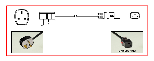 <font color="red">LOCKING</font> BRITISH, UNITED KINGDOM, 13A-250V POWER CORD, BS 1363A TYPE G [UK1-13P] PLUG, 13 AMPERE BS 1362 FUSE, IEC 60320 <font color="RED"> LOCKING C-19 CONNECTOR</font>, H05VV-F 1.5mm2 CONDUCTORS, 70�C, 2 POLE-3 WIRE GROUNDING [2P+E], 2.5 METERS [8FT-2IN] [98"] LONG. BLACK.
<br><font color="yellow">Length: 2.5 METERS [8FT-2IN]</font>

<br><font color="yellow">Notes: </font> 
<br><font color="yellow">*</font> IEC 60320 C19 connector locks onto C20 power inlets or C20 plugs. (<font color="red"> Red color (slide release latch) unlocks the C19 connector.</font>)
<br><font color="yellow">*</font> </font><font color="red"> Locking</font> European, British, UK, Australian, International and America / Canada (NEMA) 5-15P, 5-20P, 6-15P, 6-20P, L5-15P, L6-15P, L5-20P, L6-20P, L5-30P, L6-30P, IEC 60309 (6h), IEC 60320 C-13, IEC 60320 C19 locking power cords are listed below in related products. Scroll down to view.