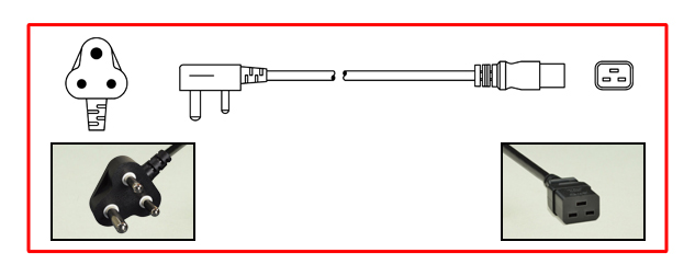 SOUTH AFRICA 15 AMPERE-250 VOLT POWER CORD <font color="yellow">**</font>, SANS 164-1, BS 546, [UK2-15P] TYPE M PLUG, IEC 60320 C-19 CONNECTOR, 2 POLE-3 WIRE GROUNDING [2P+E], 2.5 METERS [8FT-2IN] [98"] LONG, BLACK. 
<br><font color="yellow">Length: 2.5 METERS [8FT-2IN]</font>

<br><font color="yellow">Notes: </font>
<br><font color="yellow">**</font> SABS Approved [South Africa Bureau of Standards]
<br><font color="yellow">*</font> Type M plugs connect with South Africa 15A/16A-250V outlets.
<br><font color="yellow">*</font> South Africa, plugs, power cords, outlets, sockets, power strips, adapters listed below in related products. Scroll down to view.
