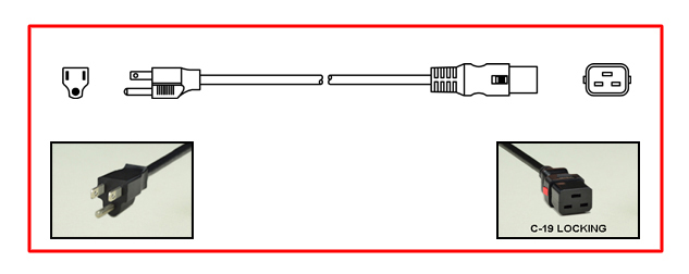 <font color="red">LOCKING</font> 15A-125V POWER CORD, NEMA 5-15P PLUG, IEC 60320 <font color="RED"> LOCKING C-19 CONNECTOR</font>, SJTO 14/3 AWG, 105C, 2 POLE-3 WIRE GROUNDING [2P+E], 1.8 METERS [6 FEET] [72"] LONG. BLACK.
<br><font color="yellow">Length: 1.8 METERS [6 FEET]</font>

<br><font color="yellow">Notes: </font> 
<br><font color="yellow">*</font> Locking C19 connector designed to securely lock onto all C20 inlets, C20 plugs, C20 power cords.
<br><font color="yellow">*</font> IEC 60320 C19 connector locks onto C20 power inlets or C20 plugs. (<font color="red"> Red color (slide release latch) unlocks the C19 connector.</font>)
<br><font color="yellow">*</font> NEMA 5-15P plugs connect with NEMA 5-15R (15A-125V) & NEMA 5-20R (20A-125V) receptacles/connectors.
<br><font color="yellow">*</font> <font color="red">Locking</font> America / Canada NEMA 5-15P, 5-20P, 6-15P, 6-20P, L5-15P, L6-15P, L5-20P, L6-20P, L5-30P, L6-30P and European, International, IEC 60309 (6h), IEC 60320 C13, IEC 60320 C19 locking power cords are listed below in related products. Scroll down to view.