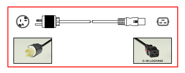 <font color="red">LOCKING</font> 20A-125V POWER CORD, NEMA 5-20P PLUG, IEC 60320 <font color="RED"> LOCKING C-19 CONNECTOR</font>, SJTOW 12/3 AWG, 105�C, 2 POLE-3 WIRE GROUNDING [2P+E], 2.5 METERS [8FT-2IN] [98"] LONG. BLACK.
<br><font color="yellow">Length: 2.5 METERS [8FT-2IN]</font>

<br><font color="yellow">Notes: </font> 
<br><font color="yellow">*</font> Locking C19 connector designed to securely lock onto all C20 inlets, C20 plugs, C20 power cords.
<br><font color="yellow">*</font> IEC 60320 C19 connector locks onto C20 power inlets or C20 plugs. (<font color="red"> Red color (slide release latch) unlocks the C19 connector.</font>)
<br><font color="yellow">*</font> <font color="red">Locking</font> America / Canada (NEMA) 5-15P, 5-20P, 6-15P, 6-20P, L5-15P, L6-15P, L5-20P, L6-20P, L5-30P, L6-30P and European, International, IEC 60309 (6h), IEC 60320 C13, IEC 60320 C19 locking power cords are listed below in related products. Scroll down to view.
