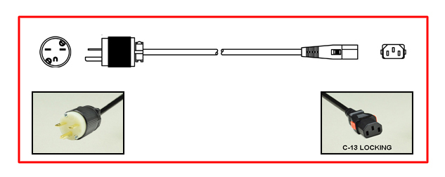 <font color="RED">LOCKING </font> 15A-250V POWER CORD, NEMA 6-15P PLUG, IEC 60320 <font color="RED"> LOCKING C-13 CONNECTOR</font>, SJT 14/3 AWG, 105�C, 2 POLE-3 WIRE GROUNDING [2P+E], 2.5 METERS [8FT-2IN] [98"] LONG. BLACK.
<br><font color="yellow">Length: 2.5 METERS [8FT-2IN]</font>

<br><font color="yellow">Notes: </font> 
<br><font color="yellow">*</font> Locking C13 connector designed to securely lock onto all C14 inlets, C14 plugs, C14 power cords.
<br><font color="yellow">*</font> IEC 60320 C13 connector locks onto C14 power inlets or C14 plugs. (<font color="red"> Red color (slide release latch) unlocks the C13 connector.</font>)
<br><font color="yellow">*</font> NEMA 6-15P plugs connect with NEMA 6-15R (15A-250V) & NEMA 6-20R (20A-250V) receptacles/connectors.
<br><font color="yellow">*</font> IEC 60320, IEC 60309 C13, C19 locking type American NEMA, European, International power cords, PDU power strips, In-line connectors, panel mount sockets are listed below in related products. Scroll down to view.

 