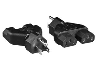 ADAPTER NEMA 5-15P / IEC 60320 C-13 SPLITTER, 10 AMPERE-125 VOLT, NEMA 5-15P PLUG WITH TWO C-13 CONNECTORS, CONNECTS C-13 POWER CONNECTORS WITH TWO IEC 60320 C-14 POWER CORDS, 2 POLE-3 WIRE GROUNDING (2P+E). BLACK. 

<br><font color="yellow">Notes: </font> 
<br><font color="yellow">*</font> NEMA 5-15P plug connects with NEMA 5-15R and NEMA 5-20R outlets.
<br><font color="yellow">*</font> IEC 60320 C-13, C-14, C-15, C-5, C-7, C-19, C-20, plug adapters, splitters, European adapters are listed below in related products. Scroll down to view.

