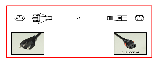 <font color="red">LOCKING</font> BRAZIL 10 AMPERE-250 VOLT DETACHABLE POWER CORD SET, NBR 14136 TYPE N [BR2-10P] PLUG, IEC 60320 <font color="red">LOCKING C-13 CONNECTOR</font>, H05VV-F 1.0mm2 CONDUCTORS, 70°C, 2 POLE-3 WIRE GROUNDING [2P+E], 2.5 METERS [8FT-2IN] [98"] LONG. BLACK. COILED.
<br><font color="yellow">Length: 2.5 METERS [8FT-2IN]</font>  

<br><font color="yellow">Notes: </font> 
<br><font color="yellow">*</font> IEC 60320 C-13 connector locks onto C14 power inlets. <font color="red">Slide buttons (red color) release (unlocks) the C-13 connector</font>.

<br> <font color="yellow">*</font> Power cord plug mates with 10A-250V &  20A-250V Brazil outlets, connectors.  
<br><font color="yellow">*</font> IEC 60320 C-13 locking power strips, C-13 locking panel mount outlet and additional C-13 locking power cords are listed below under related products.