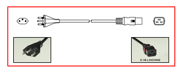 <font color="red">LOCKING</font> BRAZIL 16A-250V POWER CORD, NBR 14136 TYPE N [BR3-20P] PLUG, IEC 60320 <font color="RED"> LOCKING C-19 CONNECTOR</font>, H05VV-F 1.5mm2 CONDUCTORS, 70�C, 2 POLE-3 WIRE GROUNDING [2P+E], 2.5 METERS [8FT-2IN] [98"] LONG. BLACK.
<br><font color="yellow">Length: 2.5 METERS [8FT-2IN]</font> 

<br><font color="yellow">Notes: </font> 
<br><font color="yellow">*</font> IEC 60320 C19 connector locks onto C20 power inlets or C20 plugs. (<font color="red"> Red color (slide release latch) unlocks the C19 connector.</font>)
<br><font color="yellow">*</font> <font color="red"> Locking</font> European, British, UK, Australian, International and America / Canada (NEMA) 5-15P, 5-20P, 6-15P, 6-20P, L5-15P, L6-15P, L5-20P, L6-20P, L5-30P, L6-30P, IEC 60309 (6h), IEC 60320 C13, IEC 60320 C19 locking power cords are listed below in related products. Scroll down to view. 
