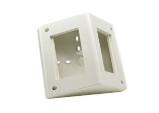 ANGLE TYPE SURFACE MOUNT, TABLE TOP MOUNT MODULAR DEVICE BOX. ACCEPTS SOUTH AMERICA, EUROPEAN, INTERNATIONAL 75mmX50mm, 37mmX50mm, 18.5mmX50mm MODULAR SIZE DEVICES. WHITE. 

<br><font color="yellow">Notes: </font> 
<br><font color="yellow">*</font> Accepts two 75mmx50mm, four 37mmx50mm, eight 8.5mmx50mm or combinations of these devices.
<br><font color="yellow">*</font> Scroll down to view outlets, sockets, switches surface mount boxes, IP55 rated weatherproof covers, weatherproof boxes, panel mount and DIN rail mount frames.

