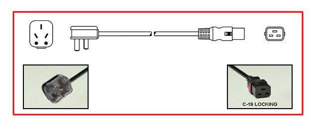 <font color="red">LOCKING</font> CHINA 16 AMPERE-250 VOLT POWER CORD, [CH2-16P] PLUG, IEC 60320 <font color="RED"> LOCKING C-19 CONNECTOR</font>, H05VV-F 1.5mm2 CONDUCTORS, 70�C, 2 POLE-3 WIRE GROUNDING [2P+E], 2.5 METERS [8FT-2IN] [98"] LONG. BLACK. 
<br><font color="yellow">Length: 2.5 METERS [8FT-2IN]</font>

<br><font color="yellow">Notes: </font> 
<br><font color="yellow">*</font> Connects with China CH2-16R (16A-250V) outlets only.
<br><font color="yellow">*</font> IEC 60320 C19 connector locks onto C20 power inlets or C20 plugs. (<font color="red"> Red color (slide release latch) unlocks the C19 connector.</font>)
<br><font color="yellow">*</font> <font color="red"> Locking</font> European, British, UK, Australian, International and American/Canada (NEMA) 5-15P, 5-20P, 6-15P, 6-20P, L5-15P, L6-15P, L5-20P, L6-20P, L5-30P, L6-30P, IEC 60309 (6h), IEC 60320 C13, IEC 60320 C19 locking power cords are listed below in related products. Scroll down to view.