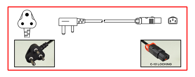 INDIA 10 AMPERE-250 VOLT POWER CORD TYPE M PLUG, IEC 60320 C-13 <font color="RED"> LOCKING C-13 CONNECTOR</font>, 2 POLE-3 WIRE GROUNDING [2P+E], 2.5 METERS [8FT-2IN] [98"] LONG. BLACK.
<br><font color="yellow">Length: 2.5 METERS [8FT-2IN]</font>

<br><font color="yellow">Notes: </font> 
<br><font color="yellow">*</font> Locking C13 connector designed to securely lock onto all C14 inlets, C14 plugs, C14 power cords.
<br><font color="yellow">*</font> IEC 60320 C-13 connector locks onto C-14 power inlets or C-14 plugs. (<font color="red"> Red color (slide release latch) unlocks the C-13 connector.</font>).
<br><font color="yellow">*</font><font color="orange">Custom lengths / designs available.</font>  
<br><font color="yellow">*</font> Type M plugs connect with India, South Africa, British, UK 15A-250V outlets.
<br><font color="yellow">*</font> India, South Africa, British, UK plugs, power cords, outlets, sockets, power strips, adapters listed below in related products. Scroll down to view.
