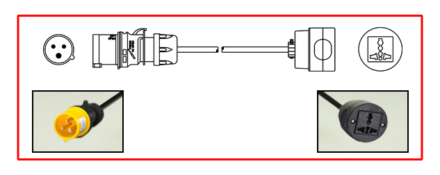 ADAPTER, IEC 60309 (4h) PLUG, UNIVERSAL MULTI-CONFIGURATION IN-LINE CONNECTOR, 2P+E, 20 AMPERE 125 VOLT, 50/60 Hz, SJTOW, 105C, 12/3 AWG CORDAGE, 0.3 METERS (1 FOOT) (12") LONG. YELLOW PLUG, BLACK CORD AND CONNECTOR.
<br><font color="yellow">Length: 0.3 METERS (1 FOOT)</font>

<br><font color="yellow">Notes: </font> 
<br> Adapter 88700X1FT wired for use in USA / North America. Use adapter 88700X1FT-EU for European applications. Link: # <a href="https://internationalconfig.com/icc6.asp?item=88700X1FT-EU" style="text-decoration: none">88700X1FT-EU</a>.
<br><font color="yellow">*</font><font color="orange">Custom lengths / designs available.</font>  