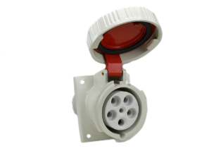 IEC 60309 (6h) 3 PHASE OUTLET, 60A-380/415V (400 VOLT) (UL/CSA), 63A-220/380V-240/415V (400 V0LT) (EUROPEAN), WATERTIGHT (IP67) "UNIVERSAL APPROVED" ANGLED FLANGED PIN & SLEEVE OUTLET, 4 POLE-5 WIRE GROUNDING (3P+N+E), NYLON BODY (POLYAMIDE 6), OPERATING TEMP. = -25�C TO +90�C, 77mmX85mm C TO C MOUNTING. RED. 

<br><font color="yellow">Notes: </font> 
<br><font color="yellow">*</font> Terminals accept 8AWG, 6AWG, 4AWG conductors.

