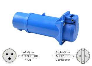 IEC 60309 (6h) CEE 17 PLUG ADAPTER WITH EUROPEAN "SCHUKO" CEE 7/3 SOCKET (IP44 RATED), SPRING LOADED FLIP LID CLOSURE COVER, 16 AMPERE-250 VOLT, 2 POLE-3 WIRE GROUNDING (2P+E). BLUE COLOR. 

<br><font color="yellow">Notes: </font> 
<br><font color="yellow">*</font> Connects European "SCHUKO" CEE 7/4, CEE 7/7 type E, F, plugs with IEC 60309 (6h) (16A-250V) (20A-250V)sockets.