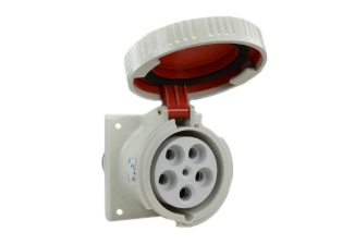 IEC 60309 (6h) 3 PHASE OUTLET, 100A-380/415V (400 VOLT) UL/CSA, 125A-220/380V - 240/415V (400 V0LT) EUROPEAN, WATERTIGHT (IP67) UNIVERSAL APPROVED PANEL/SURFACE MOUNT PIN & SLEEVE OUTLET, 4 POLE-5 WIRE GROUNDING (3P+N+E), NYLON BODY (POLYAMIDE 6), OPERATING TEMP. = -25C TO +90C, 90mmX90mm C TO C MOUNTING, RED. CERTIFICATIONS: REACH, RoHS, CE.