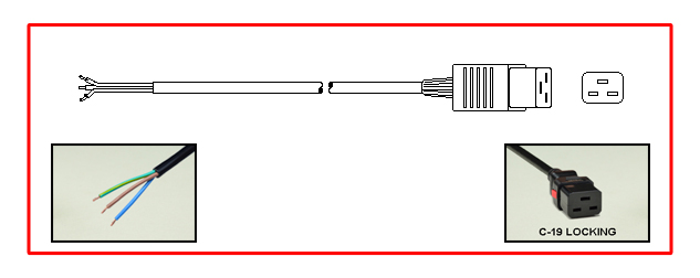 <font color="red">LOCKING</font> IEC 60320 C-19, 20 AMPERE-250 VOLT POWER SUPPLY CORD, C(UL)US APPPROVED, IEC 60320<font color="RED"> LOCKING C-19 CONNECTOR</font>, 12/3 AWG SJTOW 105°C, 2 POLE-3 WIRE GROUNDING [2P+E], STRIPPED ENDS, 3.1 METERS [10FT-2IN] [122"] LONG. BLACK.
<br><font color="yellow">Length: 3.1 METERS [10FT-2IN]</font> 

<br><font color="yellow">Notes: </font> 
<br><font color="yellow">*</font> Locking C19 connector designed to securely lock onto all C20 inlets, C20 plugs, C20 power cords.
<br><font color="yellow">*</font> IEC 60320 C19 connector locks onto C20 power inlets or C20 plugs. (<font color="red"> Red color (slide release latch) unlocks the C19 connector.</font>)
<br><font color="yellow">*</font> IEC 60320 C19, C20 locking power cords, locking PDU outlet strips, locking C19 outlets are listed below in related products. Scroll down to view.