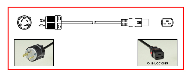 <font color="red">LOCKING</font> 20 AMPERE-125 VOLT POWER CORD, NEMA L5-30P LOCKING PLUG, IEC 60320 <font color="RED"> LOCKING C-19 CONNECTOR</font>, SJTOW 12/3 AWG, 105°C, 2 POLE-3 WIRE GROUNDING [2P+E], 2.5 METERS [8FT-2IN] [98"] LONG. BLACK. 
<br><font color="yellow">Length: 2.5 METERS [8FT-2IN]</font>

<br><font color="yellow">Notes: </font> 
<br><font color="yellow">*</font> Locking C19 connector designed to securely lock onto all C20 inlets, C20 plugs, C20 power cords.
<br><font color="yellow">*</font> IEC 60320 C19 connector locks onto C20 power inlets or C20 plugs. (<font color="red"> Red color (slide release latch) unlocks the C19 connector.</font>)
<br><font color="yellow">*</font> <font color="red">Locking</font> European, British, UK, Australian, International and America / Canada (NEMA) 5-15P, 5-20P, 6-15P, 6-20P, L5-15P, L6-15P, L5-20P, L6-20P, L5-30P, L6-30P, IEC 60309 (6h), IEC 60320 C13, IEC 60320 C19 locking power cords are listed below in related products. Scroll down to view.