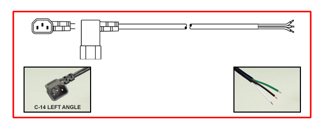 IEC 60320 LEFT ANGLE C-14, STRIPPED ENDS, POWER SUPPLY CORD, 10 AMPERE-250 VOLT [UL/CSA], 18/3 AWG, SJT, 105°C CORDAGE, 2 POLE-3 WIRE GROUNDING [2P+E], 3.66 METERS [12 FEET] [144"] LONG. BLACK.
<br><font color="yellow">Length: 3.66 METERS [12 FEET]</font>

<br><font color="yellow">Notes: </font> 
<br><font color="yellow">*</font> UL/CSA approved 10 Amp.