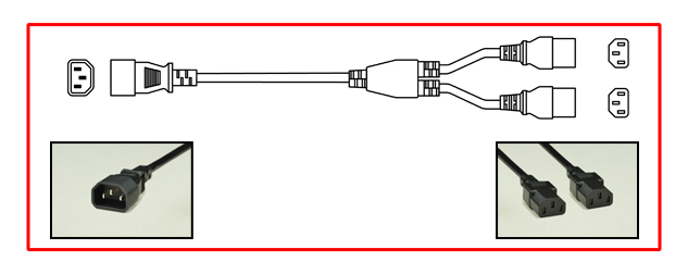 "Y" TYPE SPLITTER POWER CORD, 15 AMPERE-250 VOLT, IEC 60320 C-14 PLUG, TWO C-13 CONNECTORS, 14/3 AWG, SJTO, 105�C CORDAGE, 2 POLE-3 WIRE GROUNDING (2P+E), 4.6 METERS (15 FEET) (180") LONG. BLACK. UL/CSA LISTED.
<br><font color="yellow">Length: 4.6 METERS (15 FEET)</font>

<br><font color="yellow">Notes: </font> 
<br><font color="yellow">*</font> Overall length = 15 feet, each C13 leg is 3 feet long.
<br><font color="yellow">*</font> Universal approved C14 to C13 power cords are available in lengths from 12 inches to 20 feet long.
<br><font color="yellow">*</font> C14 to C13 Y-splitter cords along with C14, C13, C20, C19 power cords, power strips, plugs, connectors and adapters are also listed below in related products. Scroll down to view.