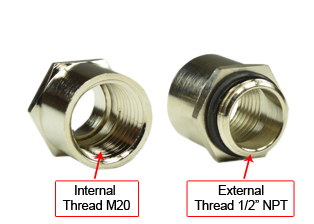 1/2 INCH NPT ADAPTER <font color="yellow">(**)</font>, BRASS, NICKEL PLATED WITH O-RING. <font color="yellow"> CONVERTS 1/2 INCH NPT THREAD TO M20 THREAD.</font>     <br><font color="yellow">Notes: </font>     <BR><font color="yellow">**</font> For connection to 1/2 inch NPT threaded boxes or fittings with a 1/2 inch NPT thread opening.     <br><font color="yellow">*</font> Mates with Wall Boxes # 79425, 79425-D, 79430 listed below and other boxes with 1/2 Inch NPT Thread openings.     <BR><font color="yellow">*</font> Adapter has 1/2 inch NPT threads on External side and M20 threads on Internal side of adapter.     <br><font color="yellow">*</font> NPT is abbreviation for National Pipe Taper (National Pipe Thread) the United States standard for pipe fittings.    <br><font color="yellow">*</font> Availability: 7,350 in stock. 1-99 pcs $6.46 ea, 100-249 pcs $5.93 ea, 250-499 pcs $5.58 ea, 500 pcs $5.41 ea.    <BR><font color="yellow">*</font> <font color="yellow"> Reverse gender adapter available, View # 01614 for details.</font>    <br><font color="yellow">*</font> Contact sales office to purchase direct or buy AT-1220-BR on-line from <a target="_blank" href="https://www.amazon.com/Inch-Thread-Adapters-8-14-Ring/dp/B09XBZWSWD/ref=sr_1_23?m=AYGGUD5I71HN&marketplaceID=ATVPDKIKX0DER&qid=1665167560&s=merchant-items&sr=1-23">Amazon AT-1220-BR (02015)</a></font>
