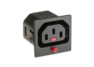 <font color="red">LOCKING</font> IEC 60320 C-13 PANEL MOUNT POWER OUTLET, 10 AMPERE-250 VOLT EUROPEAN APPROVED (ENEC 19, ASTA), 15 AMPERE-250 VOLT C(RU)US (UL/CSA) APPROVED, SNAP-IN PANEL MOUNT ON 1.5mm THICK PANEL, 6.3 x .008mm (0.250" x 0.032"), QUICK CONNECT / SOLDER TERMINALS, 2 POLE-3 WIRE GROUNDING (2P+E), THERMOPLASTIC (UL94V-0). BLACK.

<br><font color="yellow">Notes: </font> 
<br><font color="yellow">*</font> Outlet accepts and "locks in" C-14 type plugs. Press in and hold down the <font color=Red>red button</font> until the C-14 plug is fully seated in the C-13 locking outlet, then release the button. This procedure locks in the C-14 plug. Push in and hold down red button to unlock the C-14 plug.
<br><font color="yellow">*</font> <font color="RED"> IEC 60320 Integrated Component Locking System:</font> IEC 60320 C-13 locking power strip and locking power cords when connected with #57320-LK panel mount power outlet provides a system wide configuration of integrated locking components that prevent accidental disconnects. Call application specialist for details.
<br><font color="yellow">*</font> C-13, C-14 locking power cords, locking outlet strips, locking C-19 panel mount outlets are listed below in related products. Scroll down to view.