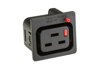 <font color="red">LOCKING</font> IEC 60320 C-19 PANEL MOUNT POWER OUTLET, 16 AMPERE-250 VOLT EUROPEAN APPROVED (ENEC 19, ASTA), 20 AMPERE-250 VOLT C(RU)US (UL/CSA) APPROVED, SNAP-IN PANEL MOUNT ON 1.5mm THICK PANEL, 6.3 x 0.08mm (0.250" x 0.032"), QUICK CONNECT / SOLDER TERMINALS, 2 POLE-3 WIRE GROUNDING (2P+E), THERMOPLASTIC (UL94V-0). BLACK.

<br><font color="yellow">Notes: </font> 
<br><font color="yellow">*</font> Outlet accepts and "locks in" C-20 type plugs. Press in and hold down the <font color=Red>red button</font> until the C-20 plug is fully seated in the C-19 locking outlet, then release the button. This procedure locks in the C-20 plug. Push in and hold down red button to unlock the C-20 plug.
<br><font color="yellow">*</font> <font color="RED"> IEC 60320 Integrated Component Locking System:</font> IEC 60320 C-19 locking power strip and locking power cords when connected with #57103-LK panel mount power outlet provides a system wide configuration of integrated Locking components that prevent accidental disconnects. Call application specialist for details.
<br><font color="yellow">*</font> C-19, C-20 locking power cords, locking outlet strips, locking C-19 panel mount outlets are listed below in related products. Scroll down to view.
