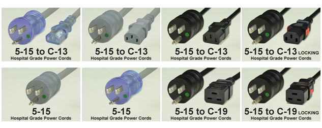 10 AMP, 13 AMP, 15 AMP - 125 VOLT HOSPITAL GRADE POWER CORDS.
<br>HOSPITAL GRADE, "GREEN DOT" NEMA 5-15P PLUGS TO VARIOUS CONNECTION ENDS. IEC 60320 C-13, C-13 LOCKING, C-19, C-19 LOCKING CONNECTORS AND UNTERMINATED ENDS. AVAILABLE IN 18/3 AWG - 10 AMP, 16/3 AWG - 13 AMP OR 14/3 AWG - 15 AMP RATED CORDS. SJT, SJTO, SJTOW TYPE CORDAGE, 105� C, 2 POLE-3 WIRE GROUNDING (2P+E), UL/CSA LISTED, 3.05 METERS (10 FEET) (120") LONG. COLORS AVAILABLE: GRAY, BLACK, CLEAR PLUGS, CLEAR CONNECTORS. 

<br><font color="yellow">Notes: </font> 
<br><font color="yellow">*</font> Custom lengths and colors available.
<br><font color="yellow">*</font> Visit our <a href="https://www.internationalconfig.com/power-cords-hospital-grade-power-cords.asp" style="text-decoration: none">Hospital Grade Power Cord Selector</a> to view all NEMA hospital grade products.
<br><font color="yellow">*</font> Hospital grade power cords, plugs, connectors are listed below in related products. Scroll down to view.