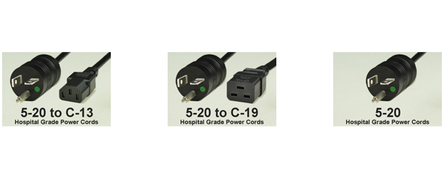 20 AMP - 125 VOLT HOSPITAL GRADE POWER CORDS.
<br>HOSPITAL GRADE, "GREEN DOT" NEMA 5-20P PLUGS TO VARIOUS CONNECTION ENDS. IEC 60320 C-13, C-19 CONNECTORS AND UNTERMINATED ENDS. 14/3 AWG SJT, SJTO, SJTOW TYPE CORDAGE, 105�C, 2 POLE-3 WIRE GROUNDING (2P+E), UL/CSA LISTED, 3.05 METERS (10 FEET) (120") LONG. COLORS AVAILABLE: BLACK. 

<br><font color="yellow">Notes: </font> 
<br><font color="yellow">*</font> Custom lengths and colors available.
<br><font color="yellow">*</font> Visit our <a href="http://www.internationalconfig.com/power-cords-hospital-grade-power-cords.asp" style="text-decoration: none">Hospital Grade Power Cord Selector</a> to view all NEMA hospital grade products.
<br><font color="yellow">*</font> Hospital grade power cords, plugs, connectors are listed below in related products. Scroll down to view.

