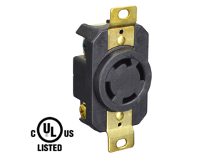 30 AMPERE-125/250 VOLT NEMA L14-30R LOCKING RECEPTACLE (3P+E), 3 POLE-4 WIRE GROUNDING, IMPACT RESISTANT. BLACK.  

<br><font color="yellow">Notes: </font> 
<br><font color="yellow">*</font> Terminals accept 14AWG-8AWG. Max torque = 12 in. lbs.
<br><font color="yellow">*</font> Temp. range = -40C to +75C.
