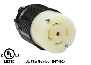 30 AMPERE-120/208 VOLT AC, 3 PHASE Y, (X, Y, Z, W, GR.), NEMA L21-30C LOCKING CONNECTOR, SPECIFICATION GRADE, IMPACT RESISTANT NYLON BODY, CABLE ENTRY DUST / MOISTURE SHIELD (IP20), 4 POLE-5 WIRE GROUNDING (4P+E). BLACK / WHITE.
<BR> C(UL)US LISTED, FILE #E474924.

<br><font color="yellow">Notes: </font> 
<br><font color="yellow">*</font> Accepts 14/3, 12/3, 10/3 AWG size conductors.
<br><font color="yellow">*</font> Strain relief (cord grip range) = 0.375-1.156" dia.
<br><font color="yellow">*</font> Temp. range = -40C to +75C.
<br><font color="yellow">*</font> Plugs, connectors, outlets, inlets, receptacles are listed below in related products. Scroll down to view.