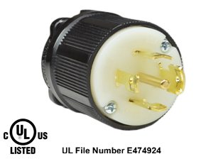 30 AMPERE-120/208 VOLT AC, 3 PHASE Y, (X, Y, Z, W, GR.), NEMA L21-30P LOCKING PLUG, SPECIFICATION GRADE, IMPACT RESISTANT NYLON BODY, CABLE ENTRY DUST / MOISTURE SHIELD (IP20), 4 POLE-5 WIRE GROUNDING (4P+E). BLACK / WHITE.
<BR> C(UL)US LISTED (FILE #E474924).
 
<br><font color="yellow">Notes: </font> 
<br><font color="yellow">*</font> Terminals accept 14/3, 12/3, 10/3 AWG size conductors.
<br><font color="yellow">*</font> Strain relief (cord grip range) = 0.375-1.156" dia.
<br><font color="yellow">*</font> Temp. range = -40�C to +75�C.
<br><font color="yellow">*</font> Plugs, connectors, outlets, inlets, receptacles are listed below in related products. Scroll down to view.