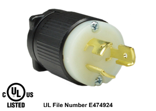 15 AMPERE-125 VOLT NEMA L5-15P LOCKING PLUG, IMPACT RESISTANT NYLON BODY, 2 POLE-3 WIRE GROUNDING (2P+E), SPECIFICATION GRADE. BLACK / WHITE.

<br><font color="yellow">Notes: </font> 
<br><font color="yellow">*</font> Terminals accept 18/3, 16/3, 14/3, 12/3 AWG size conductors.
<br><font color="yellow">*</font> Strain relief (cord grip range) = 0.300-0.650" dia.
<br><font color="yellow">*</font> Temp. range = -40�C to +75�C.
<br><font color="yellow">*</font> For 15A, 20A, 30A, 125V, 250V rated NEMA locking devices = View Associated Products Chart #1.
<br><font color="yellow">*</font> Plugs, receptacles, outlets, power strips, connectors, inlets, power cords, weatherproof outlets, plug adapters are listed below in related products. Scroll down to view.
 