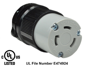30 AMPERE-125 VOLT NEMA L5-30R LOCKING CONNECTOR, SPECIFICATION GRADE, IMPACT RESISTANT NYLON BODY, CABLE DUST / MOISTURE SHIELD (IP20), 2 POLE-3 WIRE GROUNDING (2P+E). BLACK / GRAY. 

<br><font color="yellow">Notes: </font> 
<br><font color="yellow">*</font> Terminals accept 14/3, 12/3, 10/3 AWG size conductors.
<br><font color="yellow">*</font> Strain relief (cord grip range) = 0.375-1.156" dia.
<br><font color="yellow">*</font> Temp. range = -40C to +75C.
<br><font color="yellow">*</font> Power cords, plugs, connectors, outlets, inlets, receptacles, adapters are listed below in related products. Scroll down to view.

 