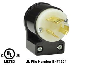 15 AMPERE-250 VOLT NEMA L6-15P LOCKING ANGLE PLUG, IMPACT RESISTANT NYLON BODY, 2 POLE-3 WIRE GROUNDING (2P+E), SPECIFICATION GRADE. BLACK / WHITE. 

<br><font color="yellow">Notes: </font> 
<br><font color="yellow">*</font> Terminals accept 18/3, 16/3, 14/3, 12/3 AWG size conductors.
<br><font color="yellow">*</font> Strain relief (cord grip range) = 0.300-0.650" dia.
<br><font color="yellow">*</font> Temp. range = -40C to +75C.
<br><font color="yellow">*</font> Plug cover design allows power cord to exit at 8 different angles. View "Dimensional Data Sheet" below for details.
<br><font color="yellow">*</font>  Plugs, receptacles, outlets, power strips, connectors, inlets, power cords, weatherproof outlets, plug adapters are listed below in related products. Scroll down to view.