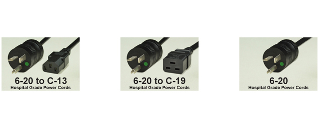 20 AMP - 250 VOLT HOSPITAL GRADE POWER CORDS.
<br>HOSPITAL GRADE, "GREEN DOT" NEMA 6-20P PLUGS TO VARIOUS CONNECTION ENDS. IEC 60320 C-13, C-19 CONNECTORS AND UNTERMINATED ENDS, 14/3 AWG SJT, SJTO, SJTOW TYPE CORDAGE, 105C, 2 POLE-3 WIRE GROUNDING (2P+E), UL/CSA LISTED, 3.05 METERS (10 FEET) (120") LONG. COLORS AVAILABLE: BLACK. 

<br><font color="yellow">Notes: </font> 
<br><font color="yellow">*</font> Custom lengths and colors available.
<br><font color="yellow">*</font> Visit our <a href="https://www.internationalconfig.com/power-cords-hospital-grade-power-cords.asp" style="text-decoration: none">Hospital Grade Power Cord Selector</a> to view all NEMA hospital grade products.
<br><font color="yellow">*</font> Hospital grade power cords, plugs, connectors are listed below in related products. Scroll down to view.
