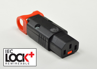IEC 60320 <font color="RED"> C-13 LOCKING CONNECTOR</font>, REWIREABLE, 15 AMPERE 125-250 VOLT, C(UL)US LISTED, 10 AMPERE 250 VOLT EUROPEAN APPROVED KEMA-KEUR, 2 POLE-3 WIRE GRIOUNDING (2P+E). BLACK. 
<br> TERMINALS ACCEPTS 14AWG, 16AWG, 18AWG (0.75mm-1.50mm) CONDUCTORS, STRAIN RELIEF MAX. CORDAGE SIZE = 9.52mm (0.375") DIA.

<br><font color="yellow">Notes: </font> 
<br><font color="yellow">*</font> Locks onto IEC 60320 C-14 PDU power strips, C-14 inlets, C-14 plugs, C-14 jumper cords. <font color="RED"> Red color release lever unlocks the C-13 connector.</font>
<br><font color="yellow">*</font> Body material = LSZH (Low Smoke Zero Halogen)
<br><font color="yellow">*</font> IEC 60320 C-13, C-19 "locking" power cords, outlet strips, sockets are listed below under related products. Scroll down to view.
