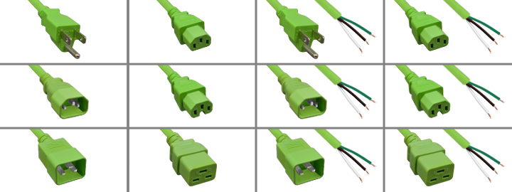 <font color="GREEN">GREEN POWER CORDS</font><BR>
Entire selection of Green power cords. "Scroll down to view".
<BR>
Configurations available:
<BR>
NEMA 5-15 Plug to C-13, C-15, C-19 and Versions with Stripped Unterminated Open Ends.
<BR>
IEC 60320 C-14 Plug to C-13, C-15, C-19 and Versions with Stripped Unterminated Open Ends.
<BR>
IEC 60320 C-20 Plug to C-13, C-19 and Versions with Stripped Unterminated Open Ends.
<BR>
IEC 60320 C-13, C-15, C-19 to Stripped Unterminated Open Ends.
<BR><BR>

<font color="YELLOW">*</font>Color Power Cords. Primary Color Choices:
<BR>
Link: <a href="https://internationalconfig.com/icc6.asp?item=Blue-Power-Cords" style="text-decoration: none">Blue Power Cords</a><BR>

Link: <a href="https://internationalconfig.com/icc6.asp?item=Green-Power-Cords" style="text-decoration: none; color: green">Green Power Cords</a><BR>

Link: <a href="https://internationalconfig.com/icc6.asp?item=Red-Power-Cords" style="text-decoration: none; color: red">Red Power Cords</a><BR>

Links: <a href="https://www.internationalconfig.com/cordhelp.asp#nema" style="text-decoration: none; color: white">Black USA NEMA Cords | <a href="https://www.internationalconfig.com/cordhelp.asp#iec_60320" style="text-decoration: none; color: white">Black IEC 60320 Cords</a> | <a href="https://www.internationalconfig.com/cordhelp.asp" style="text-decoration: none; color: white">Black Power Cord Selector</a>  <BR><BR>

<font color="YELLOW">**</font>Secondary Color Choices: <font color="YELLOW">Yellow</font>, <font color="WHITE">White</font>, <font color="GRAY">Gray</font>, <font color="PURPLE">Purple</font>, <font color="PINK">Pink</font>. Contact sales office for availability of these colors.